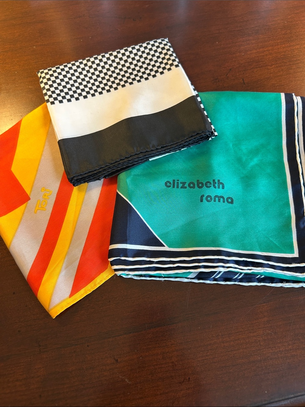 3 scarves Evc different fabric size color all wearable 2 silk 1 polyester